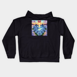 Dolphin Hearts Of Love With Blue Roses At Sunset 5 Kids Hoodie
